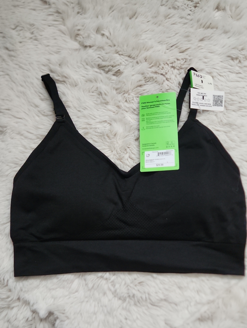 NWT FWD Black Seamless Light Support Bra Size Large
